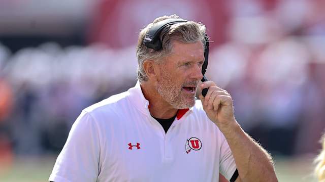 Oct 14, 2023; Salt Lake City, Utah, USA; Utah Utes head coach Kyle Whittingham looks on against the California Golden Bears in the second half at Rice-Eccles Stadium. Mandatory Credit: Rob Gray-USA TODAY Sports